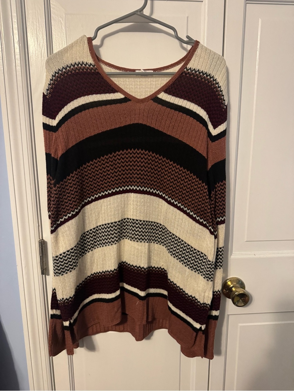 Westport Striped V-Neck Sweater in Cream, Rust & Black